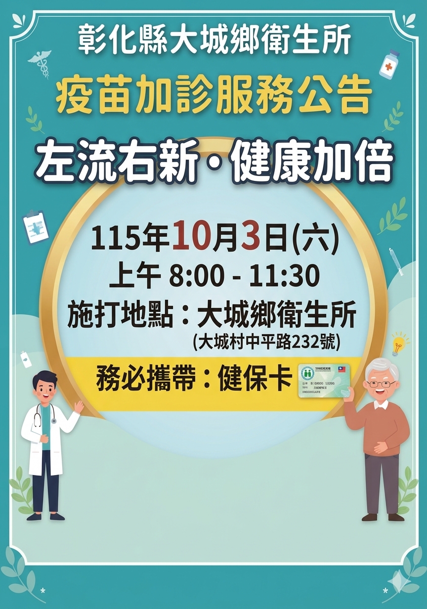 115/10/3(六)大城鄉衛生所流感及新冠疫苗上午加診宣傳圖片